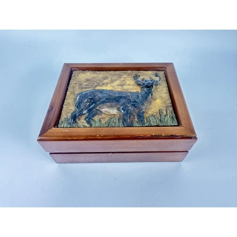 Evergreen 2001 Wooden Keepsake Box Deer Buck Relief Rustic Lodge Cabin Decor